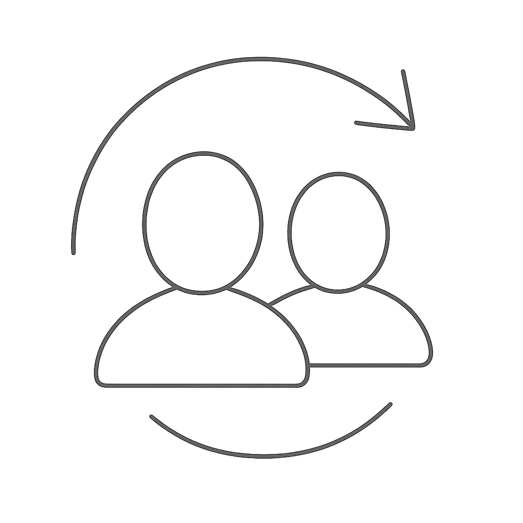 Two outlined human figures with a circular arrow between them on a white background signifying sharing