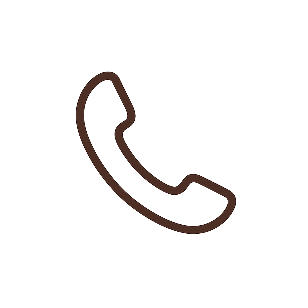 Minimalist dark brown line icon of a classic telephone handset, drawn in fine lines on a transparent background, designed for use on the Dello Mano website.