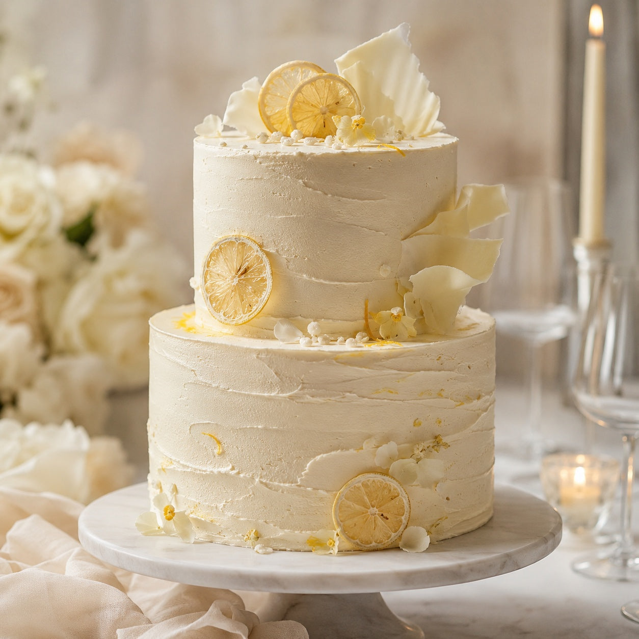 Two-tier ivory wedding cake with dried citrus slices, white chocolate shards and soft cream texture, styled on a candlelit wedding table.