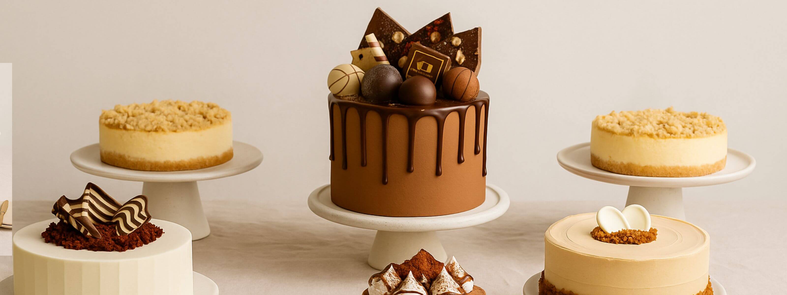 Luxury handmade cakes by Dello Mano, including chocolate drip cake, mousse cakes, and cheesecakes on white stands