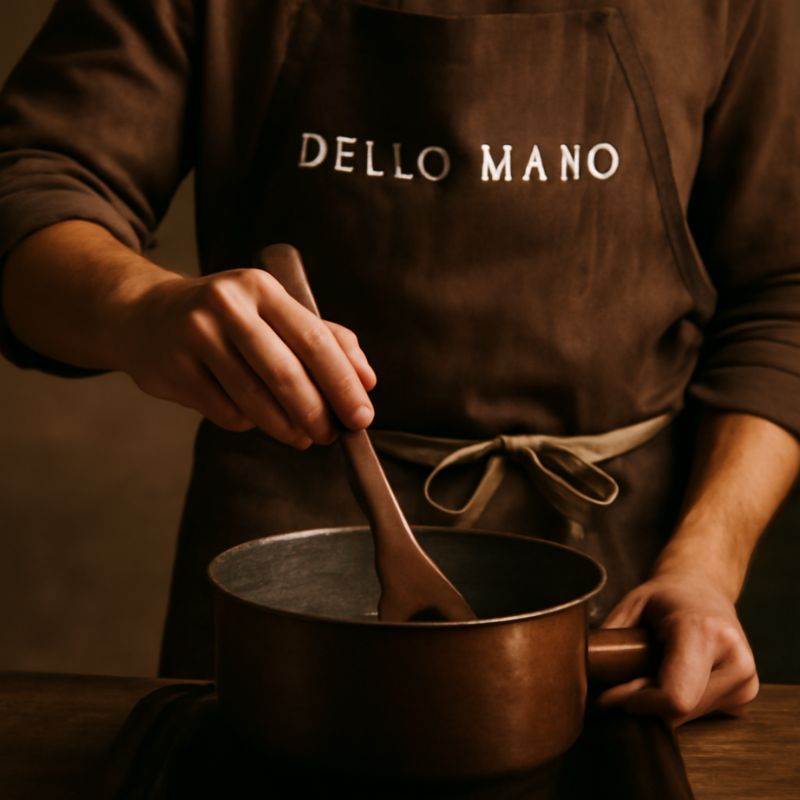 Man cooking with a wooden spoon in a copper pot, wearing a 'Dello Mano' apron.
