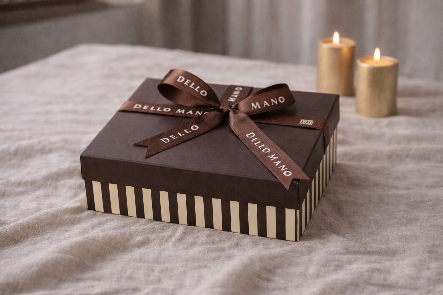 Luxury brownie gift box with ribbon and candles styled for thoughtful gifting in Melbourne