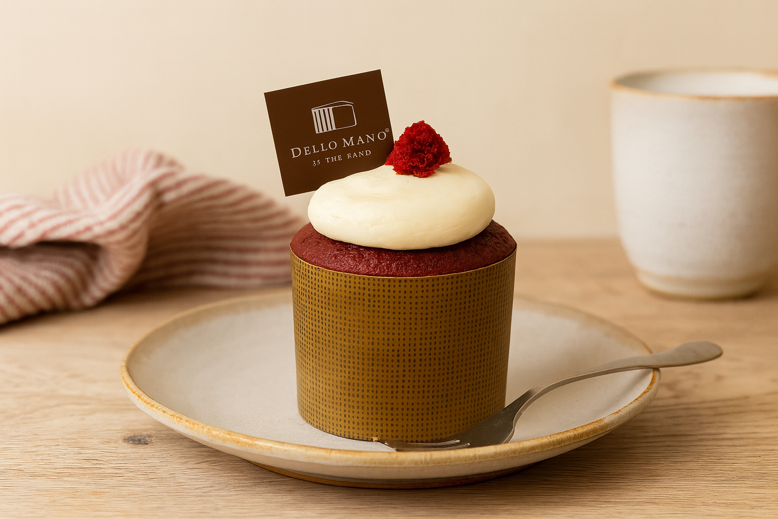 Mini Red Velvet Bento Cake on a handmade ceramic plate with cream cheese frosting and red crumb garnish, styled with calm natural tones, fork and ceramic mug in the background.