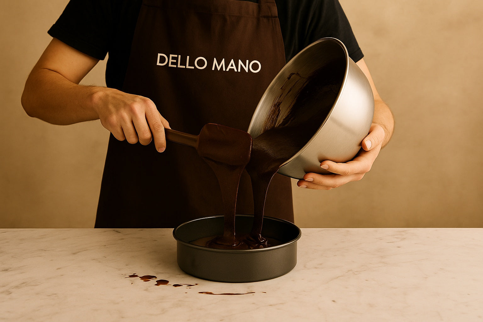 Hands in a Dello Mano apron pouring glossy Belgian chocolate batter into a round cake tin on a marble bench, with subtle chocolate drips and a handmade workshop aesthetic.