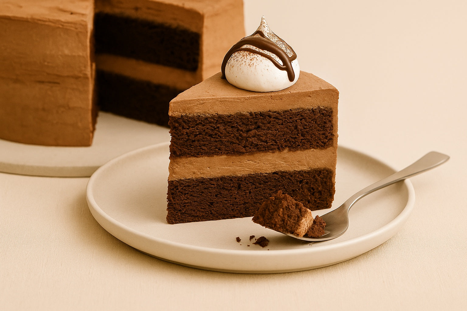 Close-up of a handmade luxury mud cake slice by Dello Mano, showing dense Belgian chocolate layers and soft textured frosting, with a fork poised to take a bite