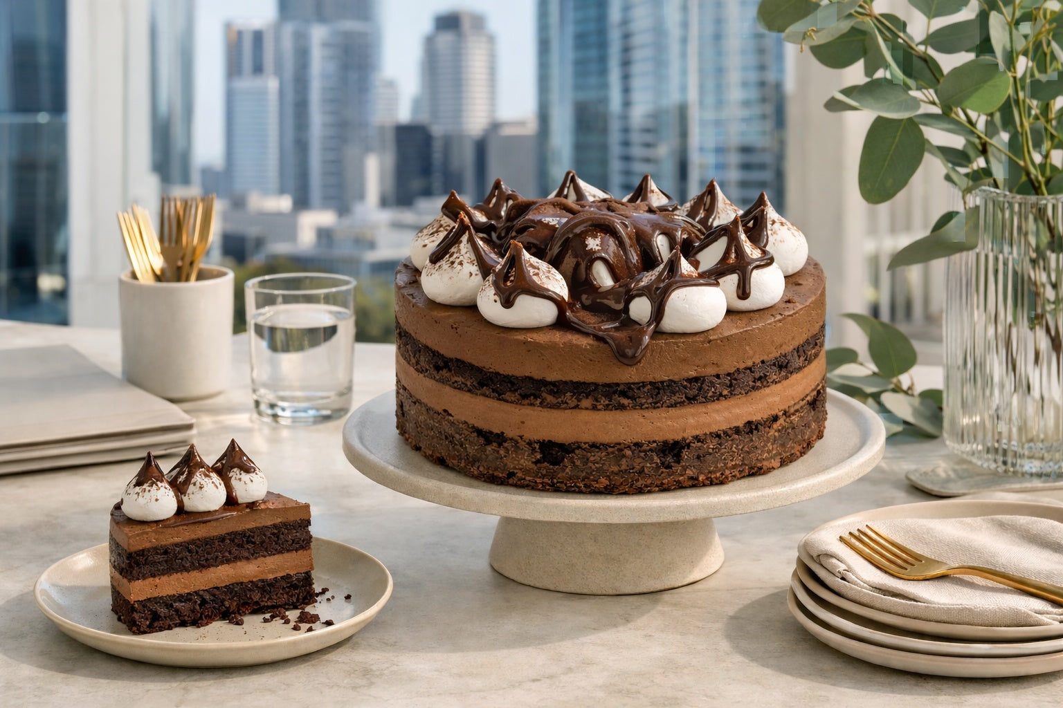 office birthday cake on stand in modern brisbane office setting