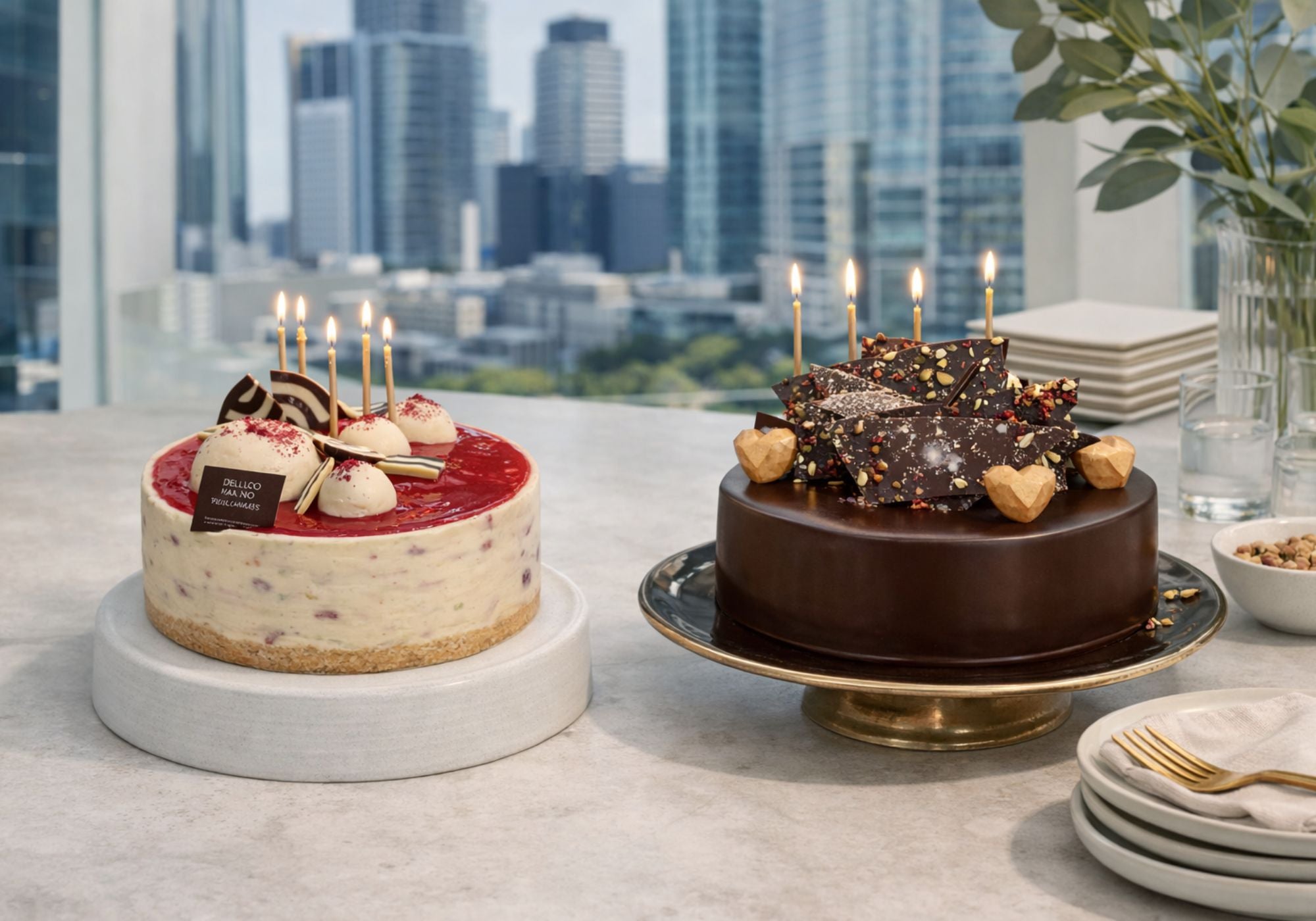 two celebration cakes prepared for a team birthday gathering in a modern brisbane office