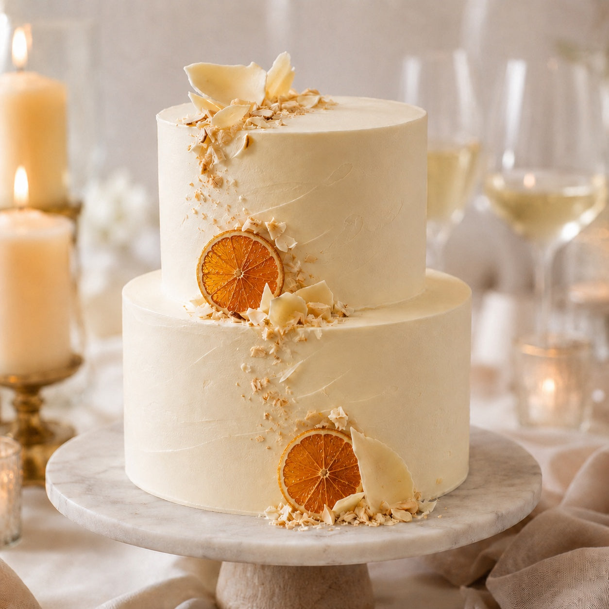 Two-tiered white cake with orange slices and white chocolate pieces on a marble cake stand.