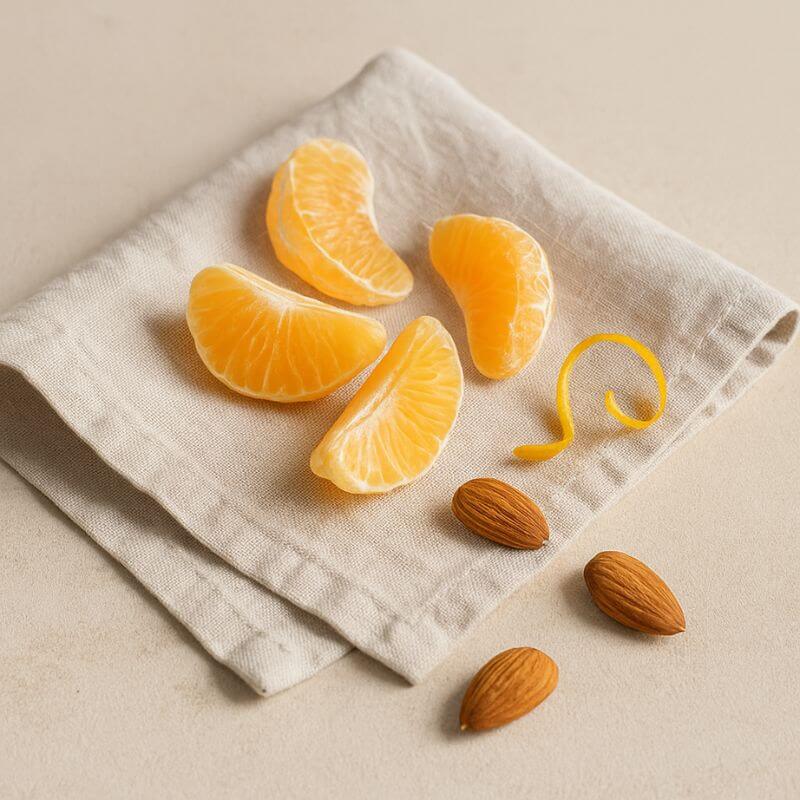 Orange slices and almonds on a beige cloth with a beige background