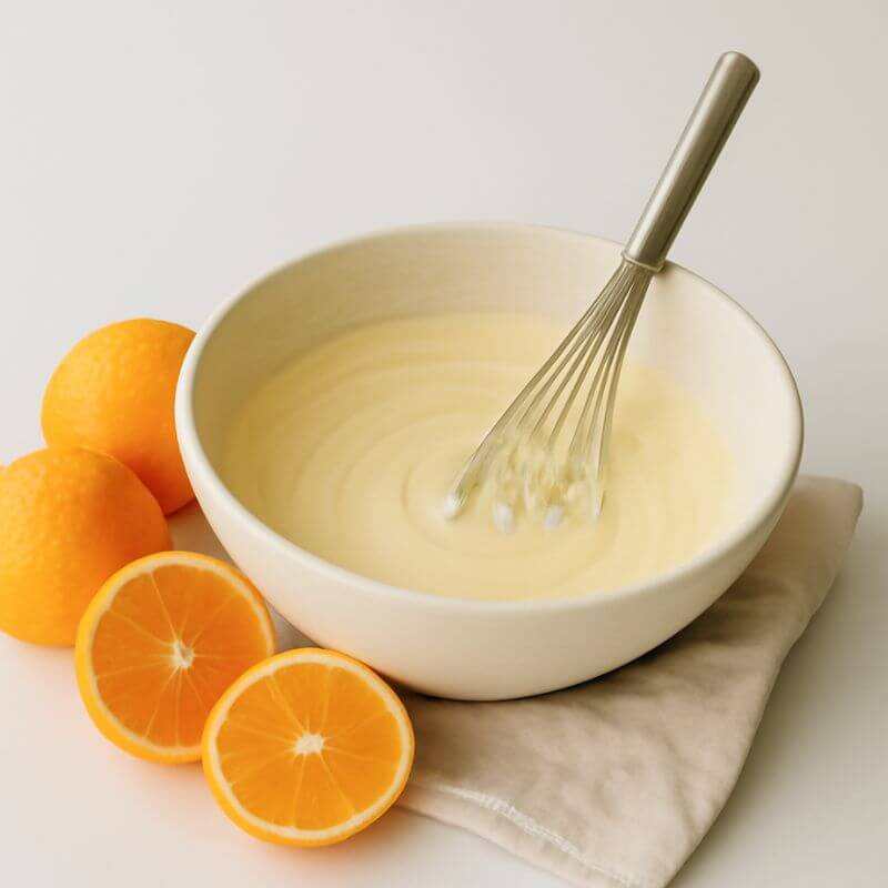 White bowl with orange mixture and whisk, surrounded by oranges on a light background