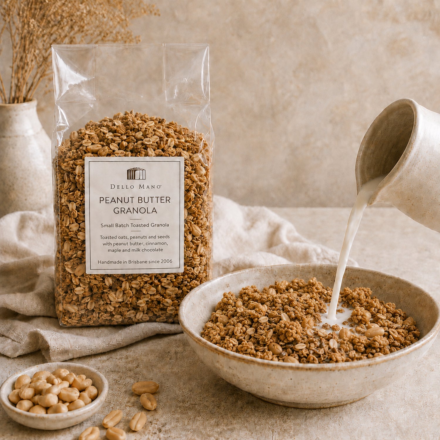 Close view of toasted oats, peanuts and seeds in Dello Mano Peanut Butter Granola.