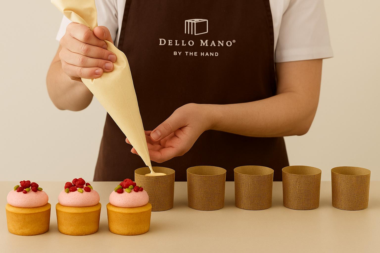Dello Mano team member in a brown apron piping white batter into mini cake paper cases, with raspberry bento cakes displayed in the foreground.