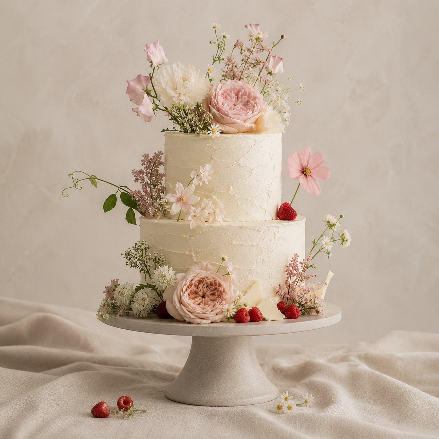 Passionfruit raspberry wedding torte with rustic white chocolate frosting, real raspberries and soft seasonal garden flowers, styled for a custom Dello Mano wedding cake in Brisbane