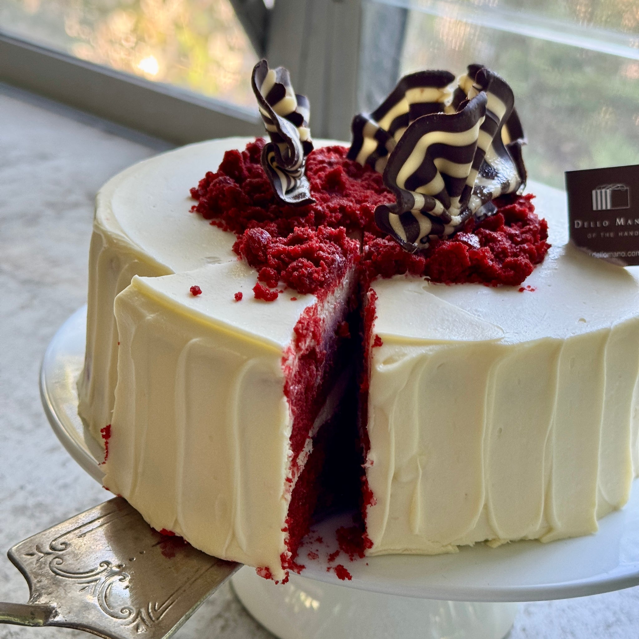 Handmade Red Velvet Cake with Cream Cheese Frosting & Chocolate Fans