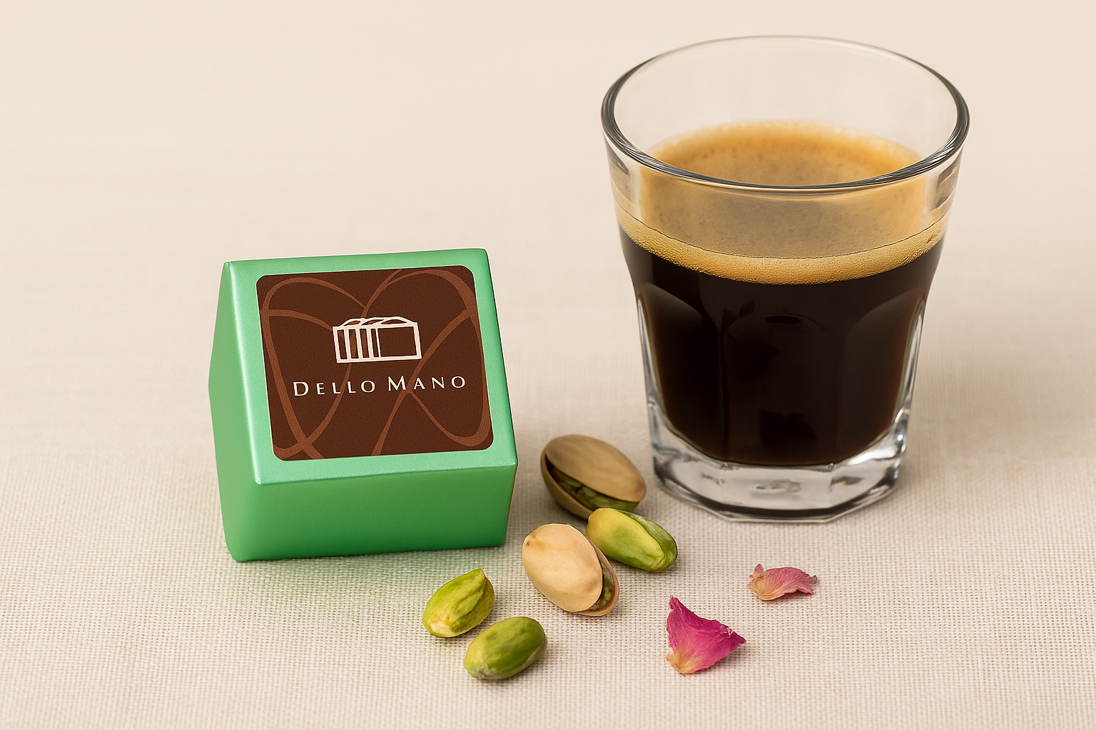 Dello Mano Rosewater Pistachio Brownie Cube wrapped in green foil, styled with scattered pistachios and delicate rose petals beside a clear Turkish-style glass of espresso coffee 
