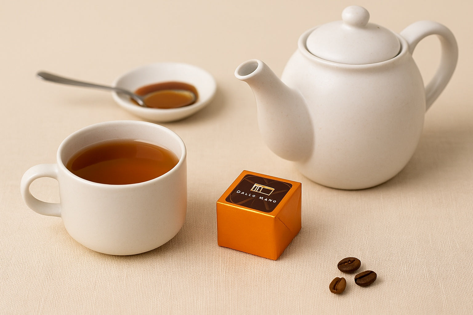 Salted Caramel Brownie Cube by Dello Mano, wrapped in orange foil, placed beside a handmade white teapot and teacup on a calm linen background 