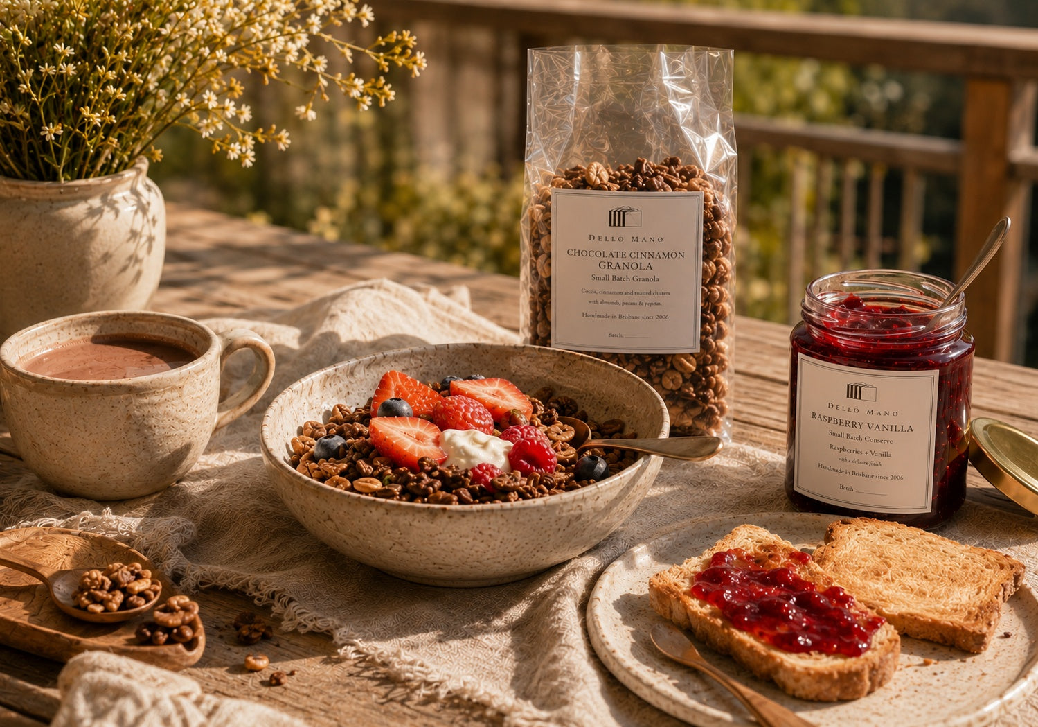 Dello Mano Chocolate Cinnamon Granola served with yoghurt, strawberries and berries beside Raspberry Vanilla Jam, toast and drinking chocolate in a sunlit slow-morning setting.