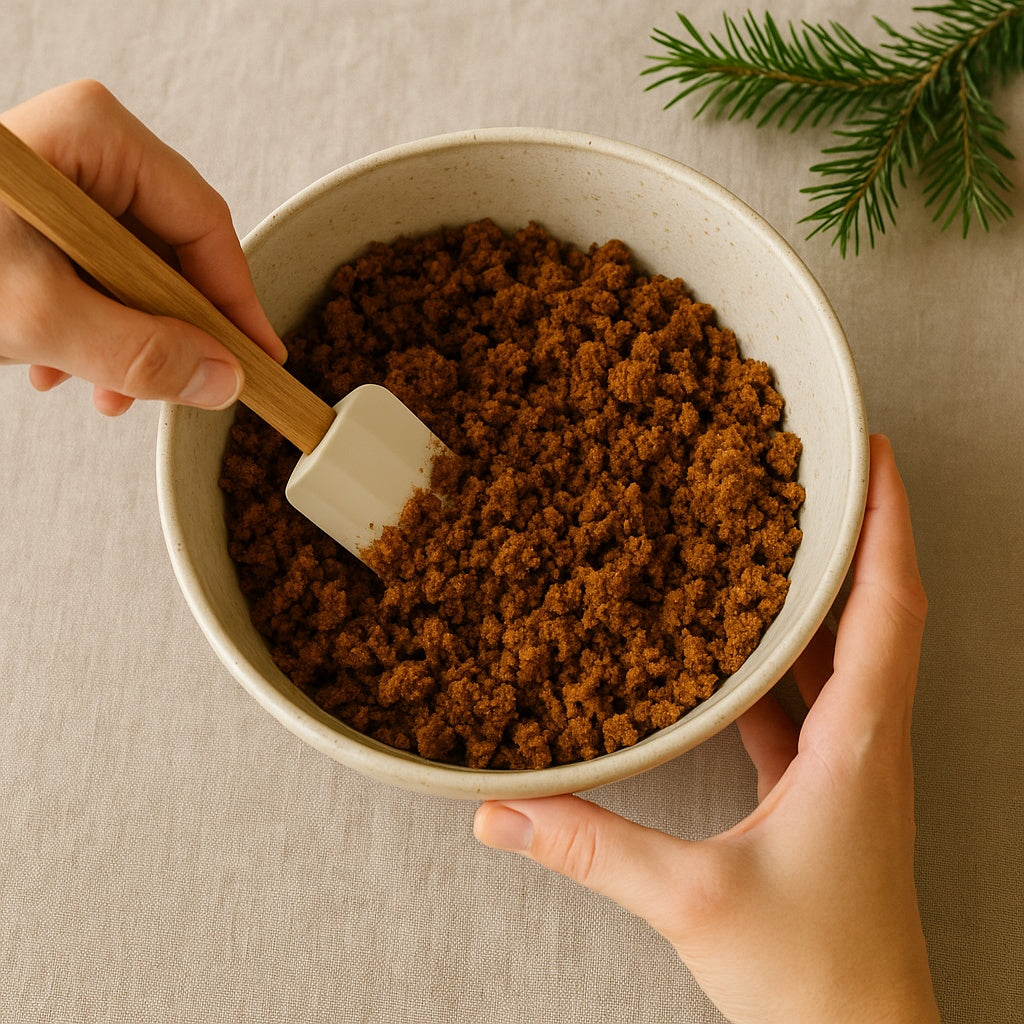 Hand mixing a warm gingerbread crumb base in a ceramic bowl, ready for the Starstruck Gingerbread Christmas Cheesecake test bake.