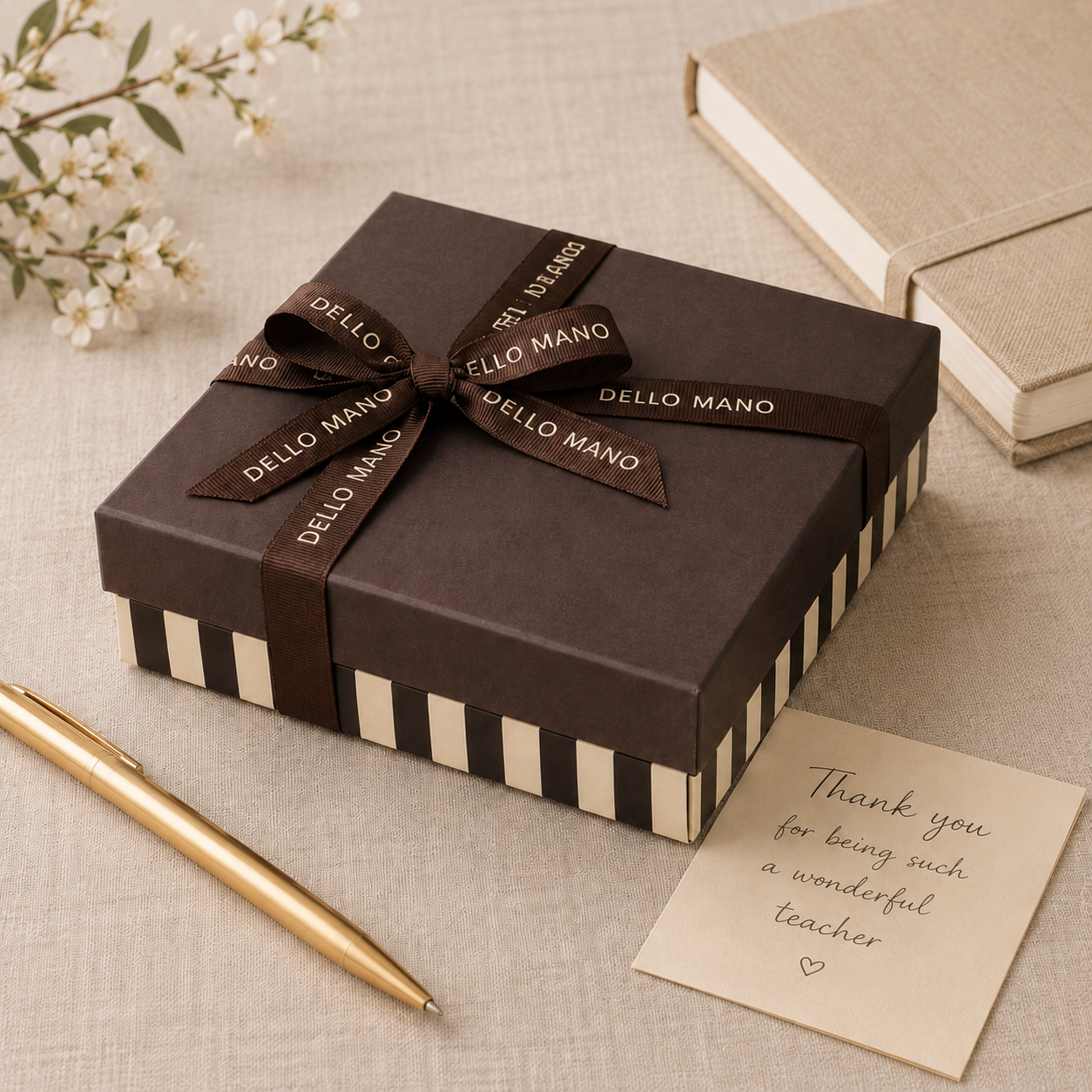 Dello Mano teacher gift box with handmade brownies and a thank-you card, styled on soft neutral linen.