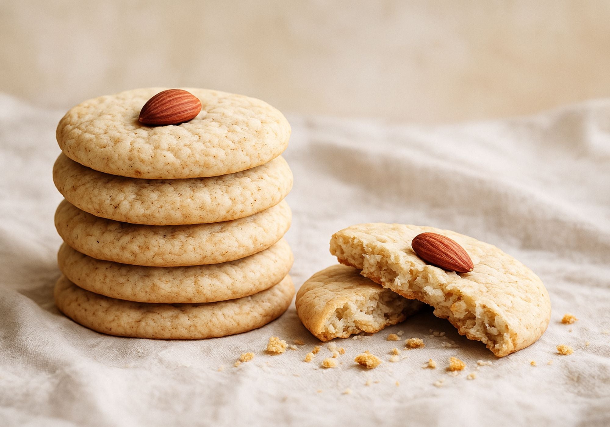 Stack of vegan-gluten-friendly cookies with a broken cookie on a light fabric background