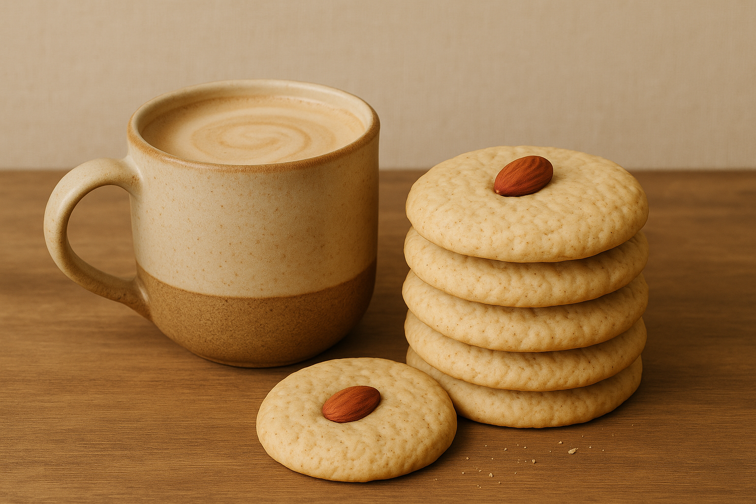 Ceramic mug with soy latte, a stack of vegan - gluten-friendly cookies on a wooden surface