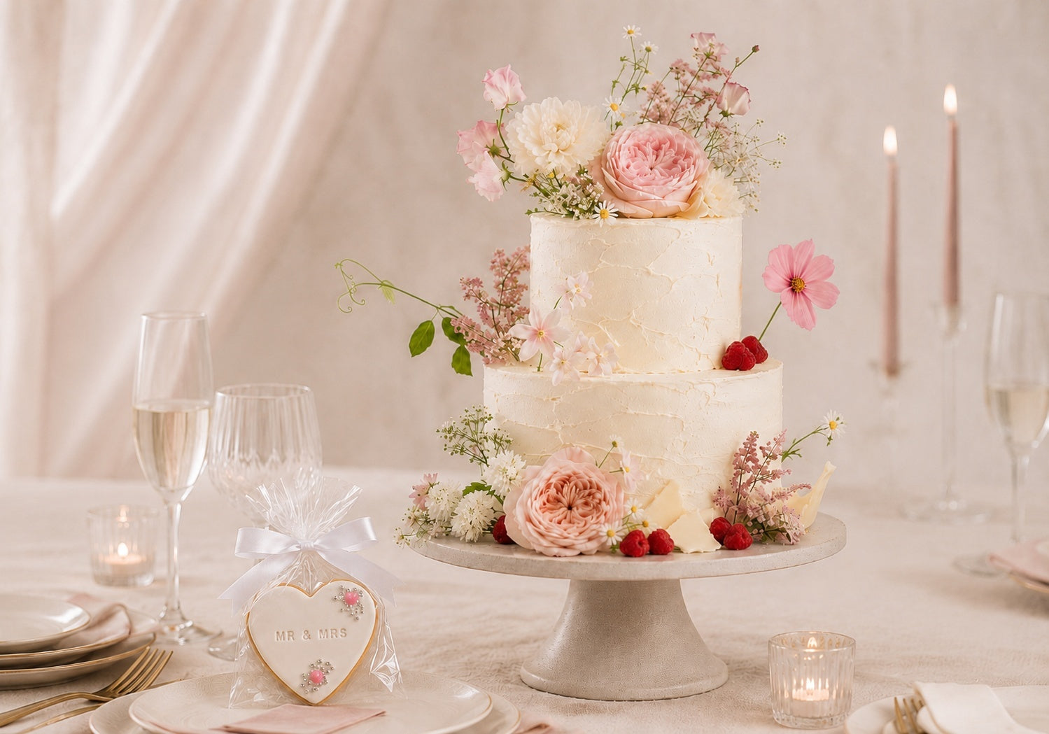 Two-tier floral wedding cake on a calm wedding table with glassware, candles and a wrapped Mr & Mrs heart cookie favour in the foreground.