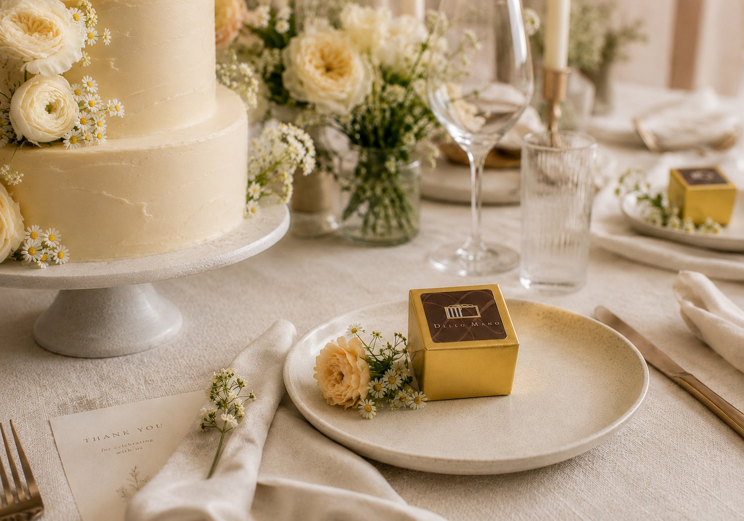 Gold Dello Mano brownie cube wedding favour on a ceramic plate with flowers, linen and a soft ivory wedding cake in the background.