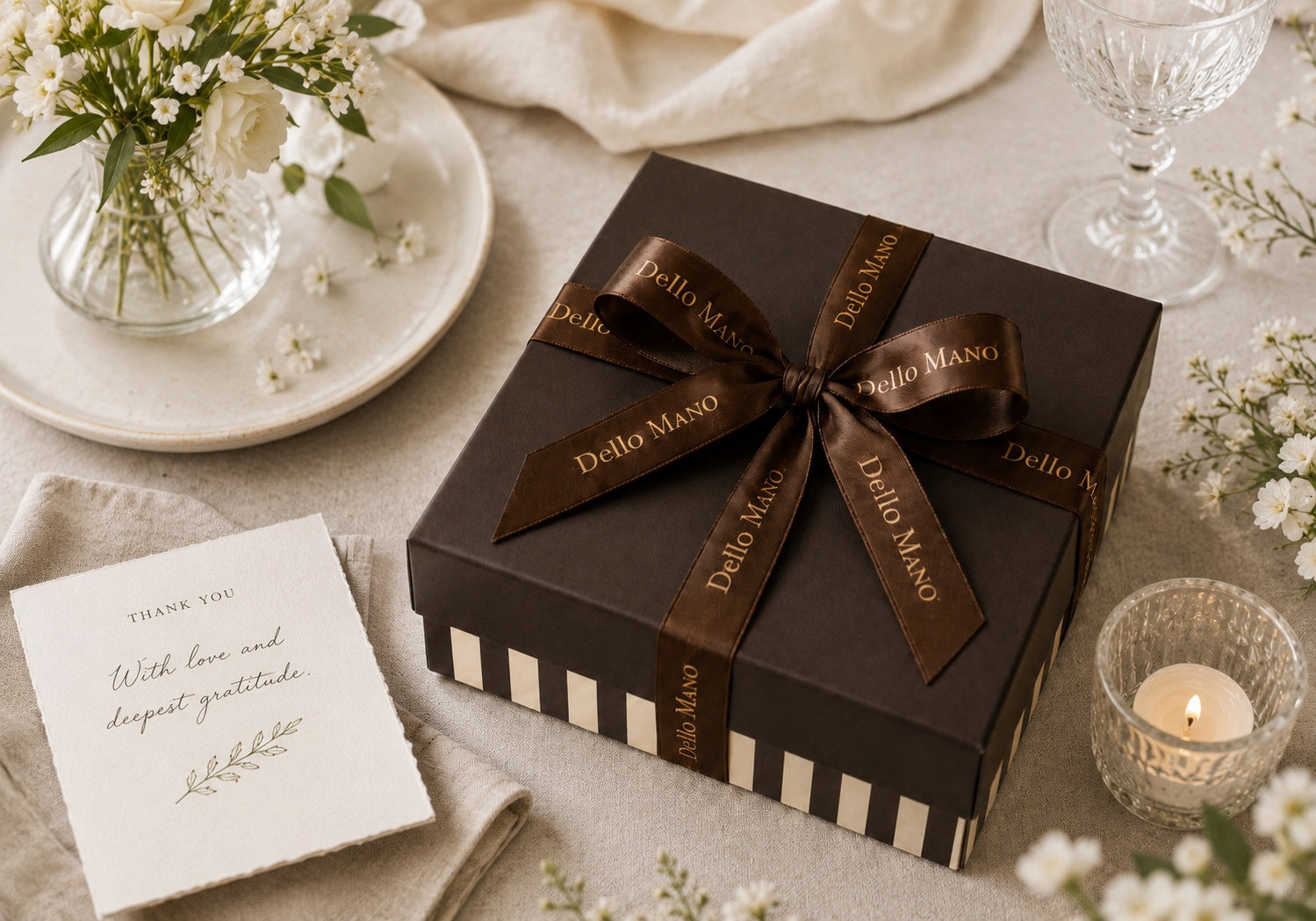 Dello Mano brownie gift box with brown ribbon styled on a calm wedding table with linen, flowers, candlelight and a thank-you card.