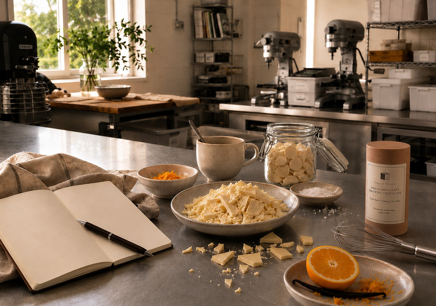 White Chocolate Drinking Chocolate development with Belgian white chocolate, orange, vanilla and sea salt.