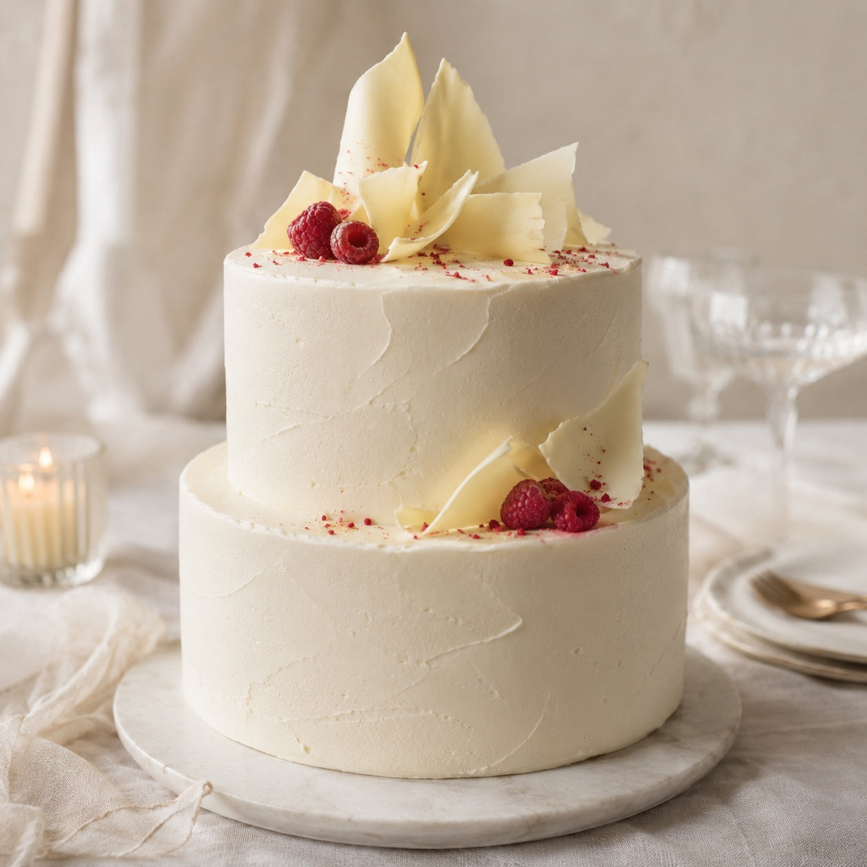 Two-tier ivory wedding cake with white chocolate shards, raspberries and soft cream texture, styled on an elegant wedding table.