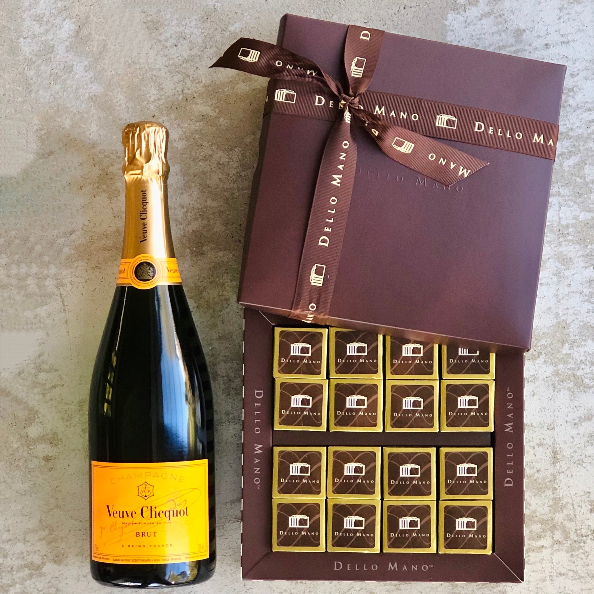Brownies & Bubbles Gift Hamper featuring Veuve Clicquot and handmade classic brownies in luxury ribboned gift box.