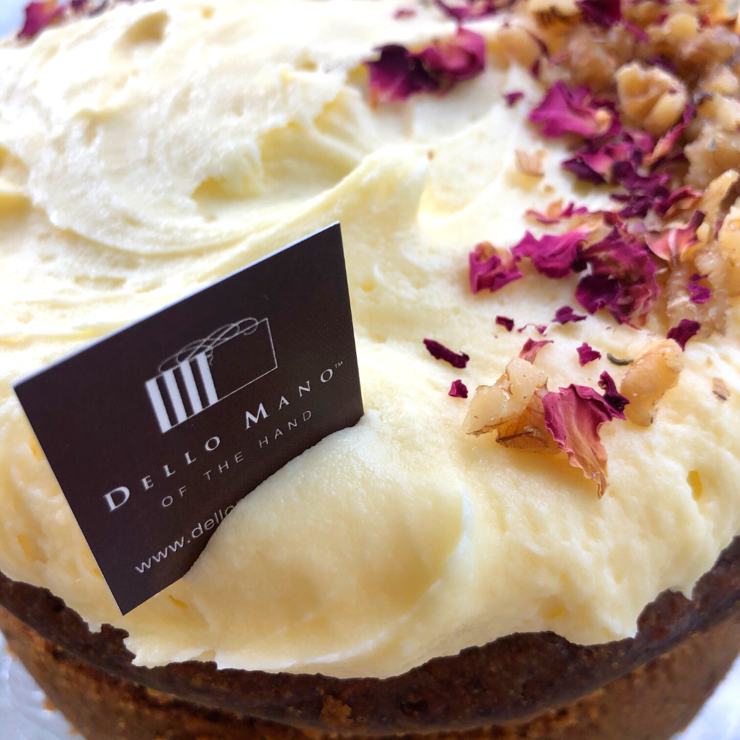 Handmade Carrot Cake with Cream Cheese Frosting, Walnuts & Rose Petals