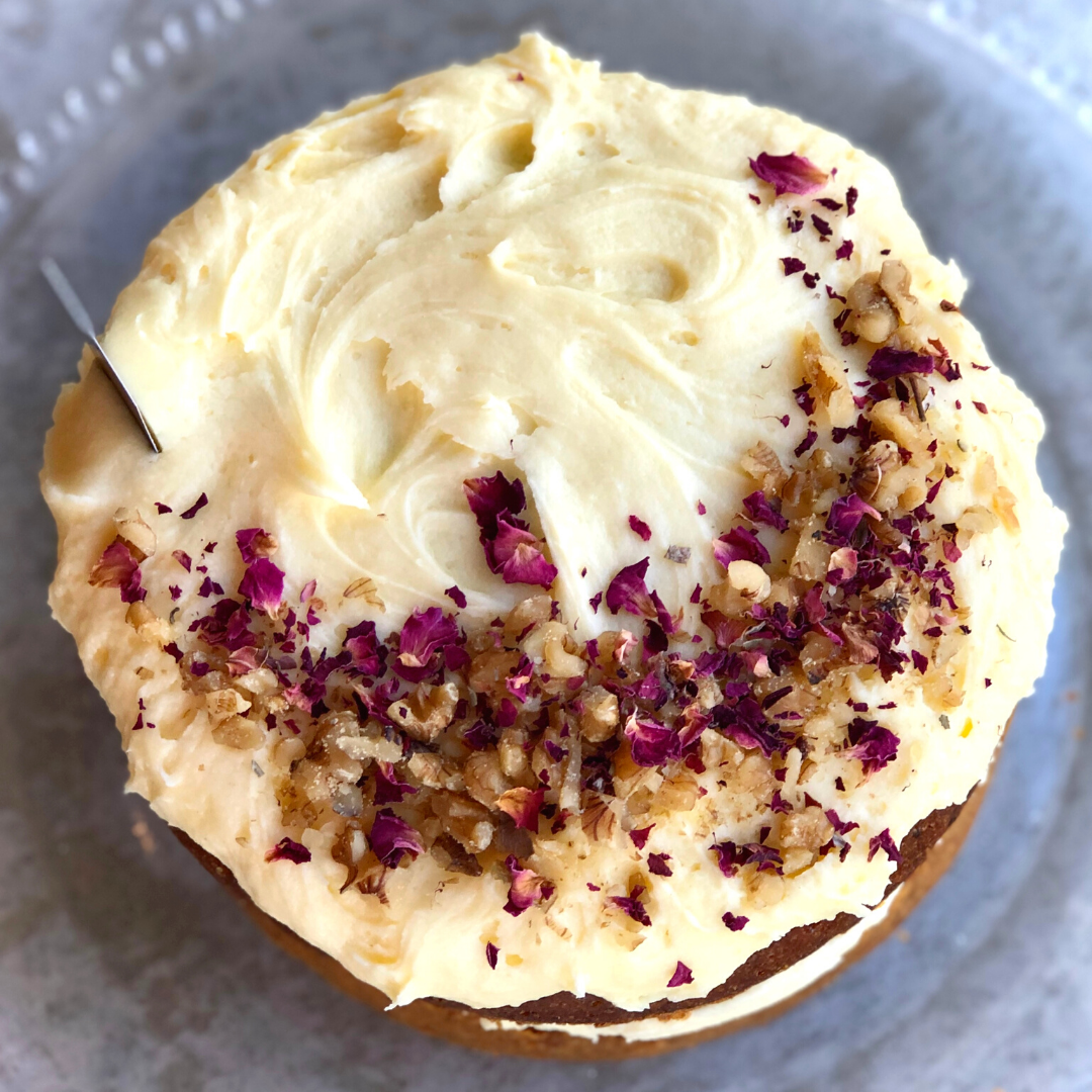 Handmade Carrot Cake with Cream Cheese Frosting, Walnuts & Rose Petals