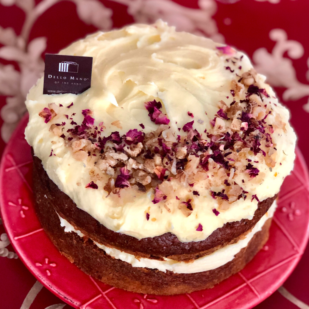 Handmade Carrot Cake with Cream Cheese Frosting, Walnuts & Rose Petals