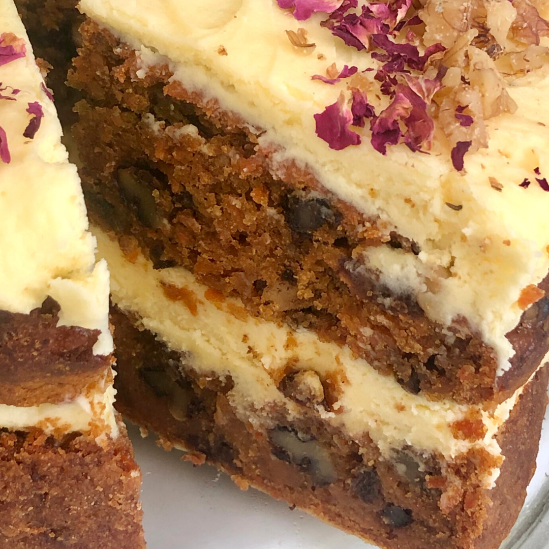 Handmade Carrot Cake with Cream Cheese Frosting, Walnuts & Rose Petals