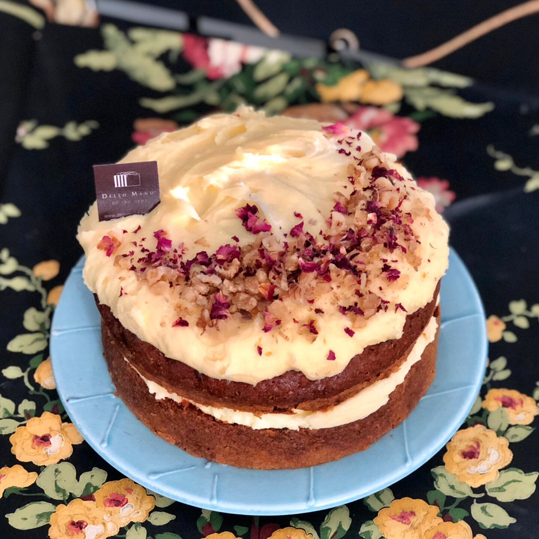 Handmade Carrot Cake with Cream Cheese Frosting, Walnuts & Rose Petals