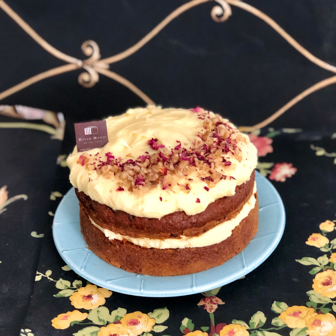 Handmade Carrot Cake with Cream Cheese Frosting, Walnuts & Rose Petals