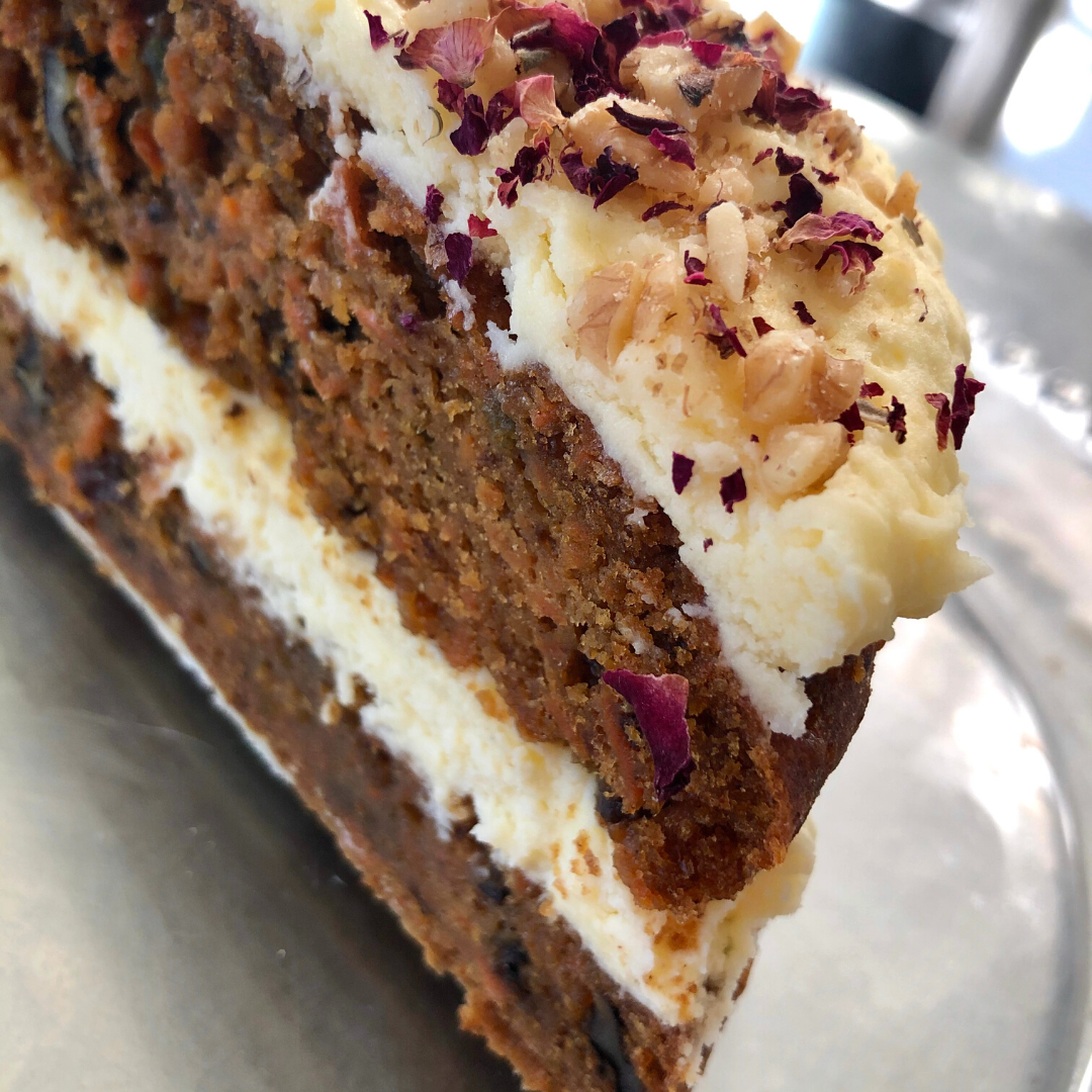 Handmade Carrot Cake with Cream Cheese Frosting, Walnuts & Rose Petals